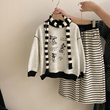 2025百搭洋气条纹加绒休闲裤韩版女童秋冬新款卡通加绒卫衣两件套