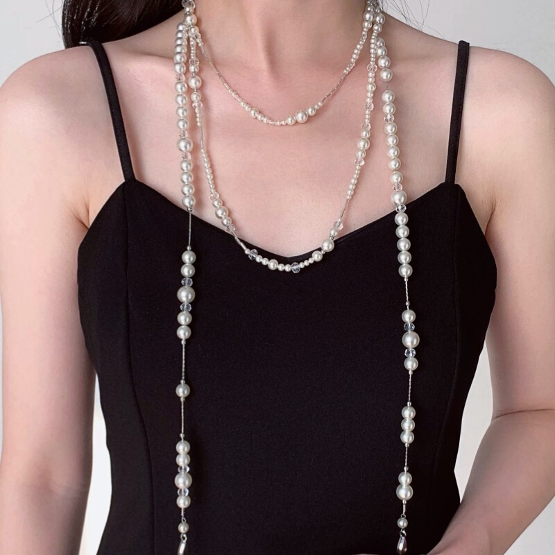 Vintage Stylish Multi-Layered Pearl Tassel Necklace, Long Crystal Layered Choker, Retro Starry Sky Water Drop Sweater Chain