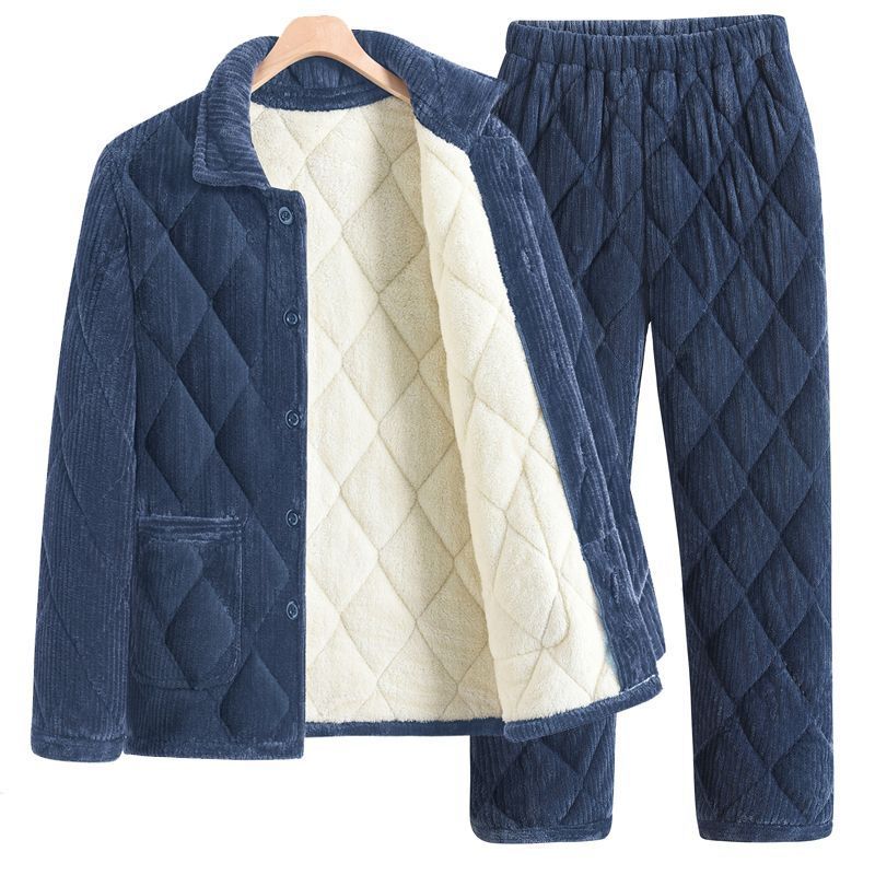 Winter Men's Pajamas, Velvet and Thickeneded Suits, Cotton Coats and Pants, Warm Home Clothes, Three-Layer Quilted Two-Piece Set