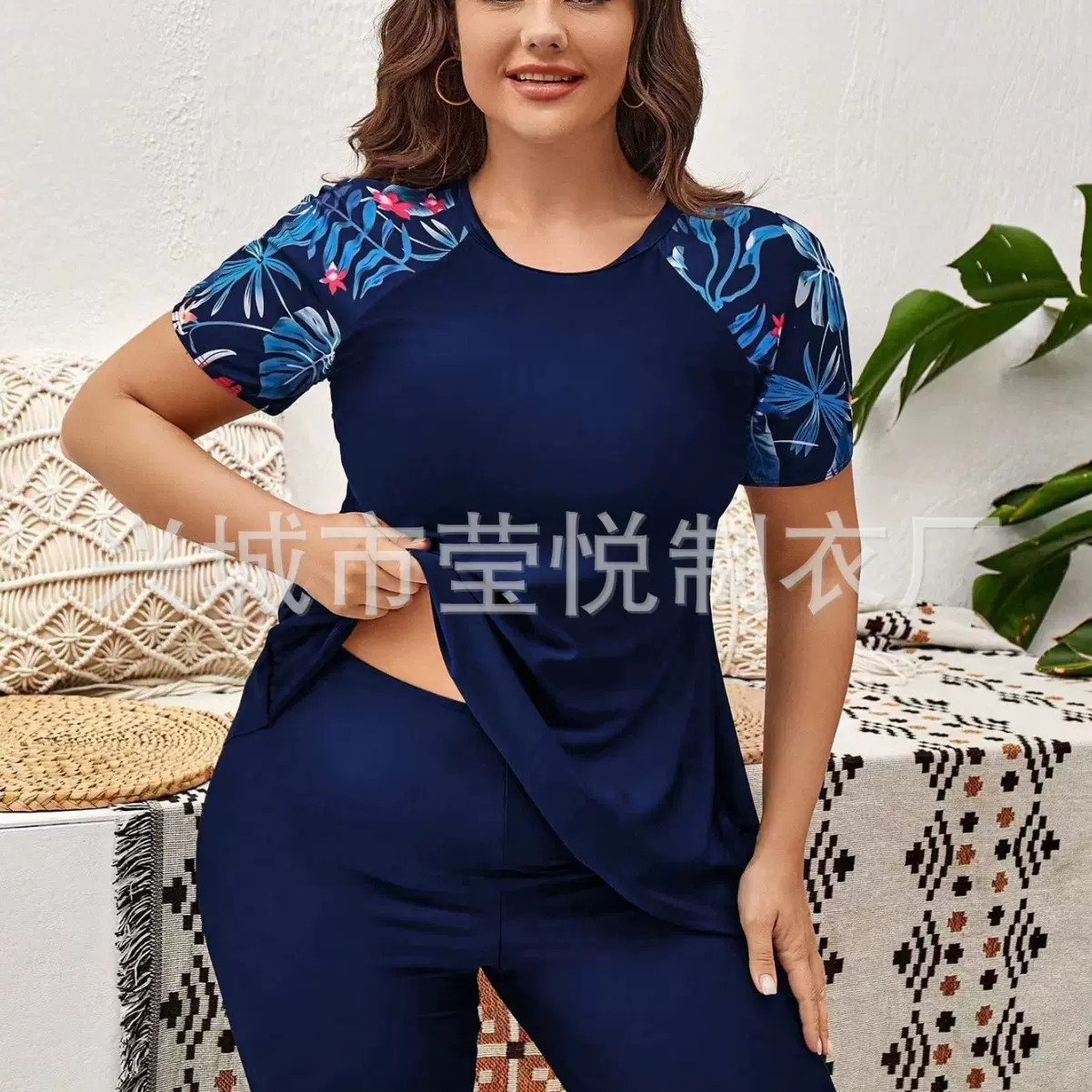 跨境欧美新款热带印花大码分体泳衣度假风藏蓝色坦基尼亚马逊爆款
