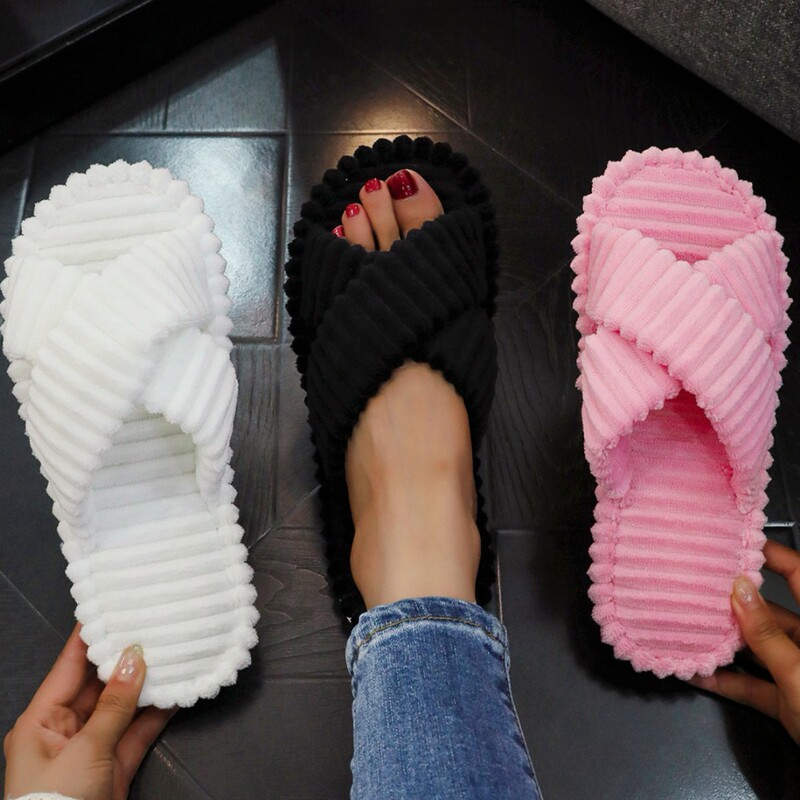 Cross-Border Popular Corduroy Cross Open-Toe Women's Home European and American Fashion Striped Girls' Comfortable Cotton Slippers for All Seasons