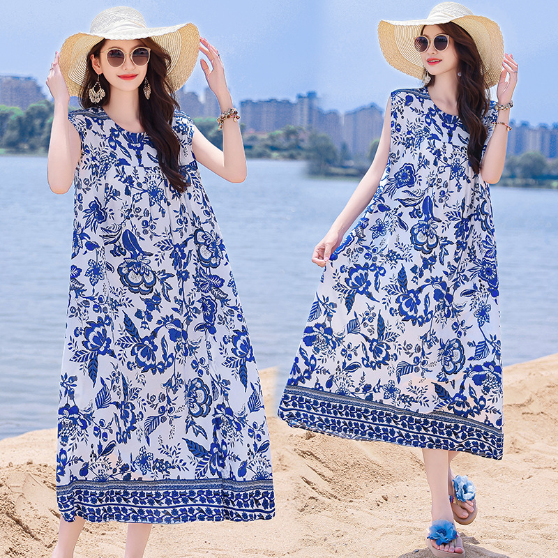 2025 New Cross-Border Plus Size Bohemian Beach Long Cotton Floral Women's Summer Dress_ecoleips.com