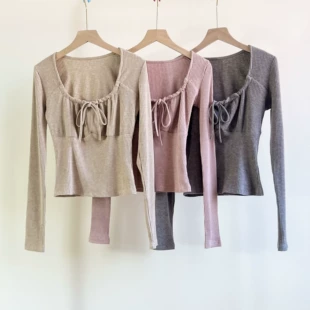 Autumn cute long-sleeve, drawstring, square neckline