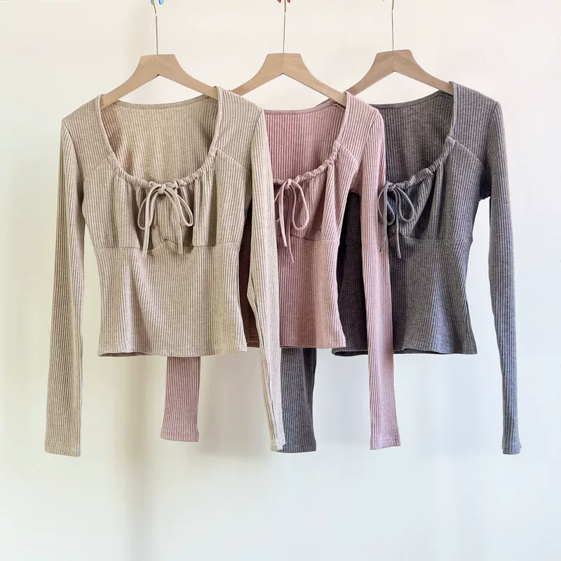 Autumn cute long-sleeve, drawstring, square neckline