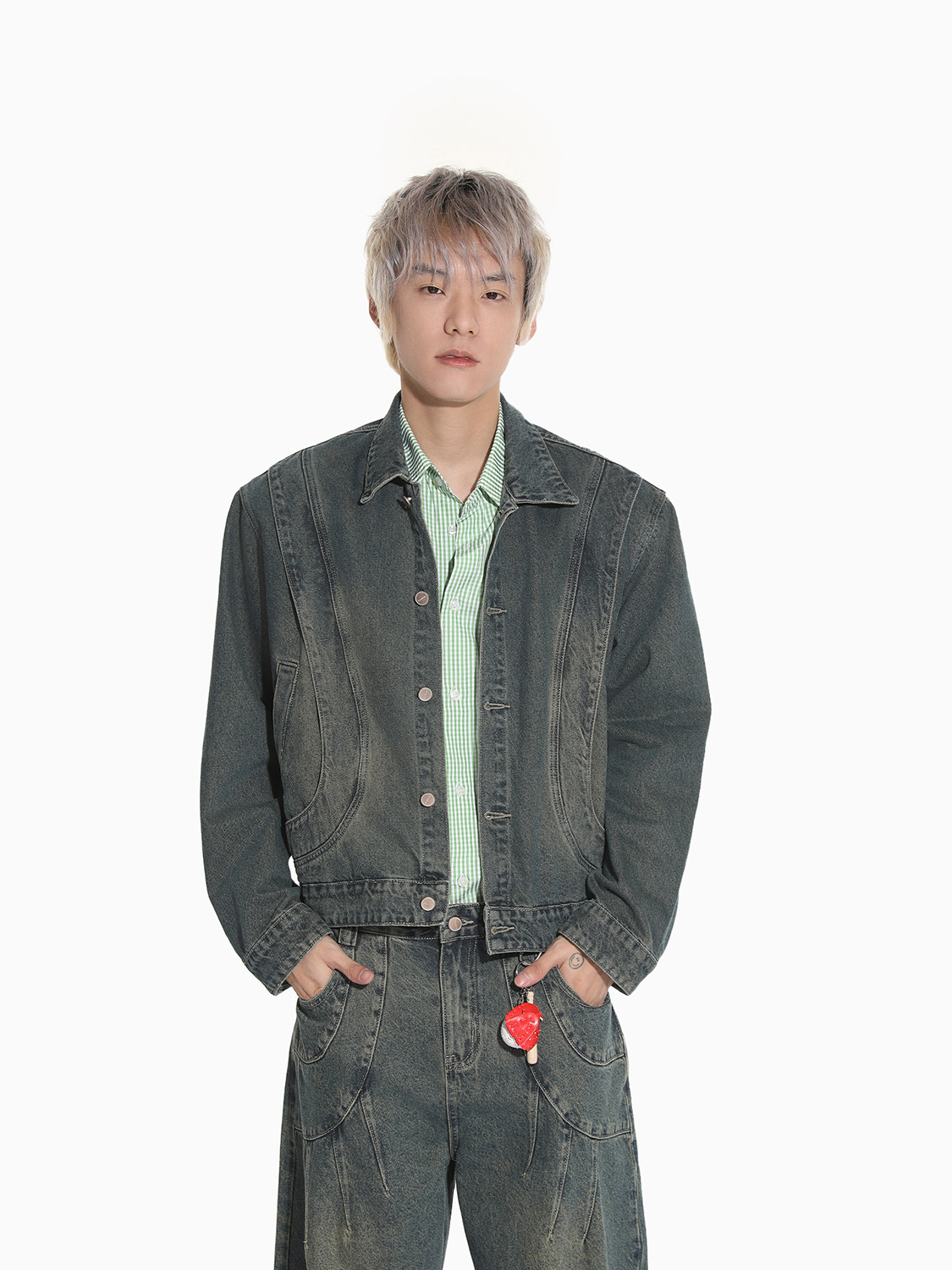 MTLCLOTHES Hombres| Retro estilo americano de la industria pesada empalme corto de hombro conjunto de vaqueros de ocio callejero europeo y americano