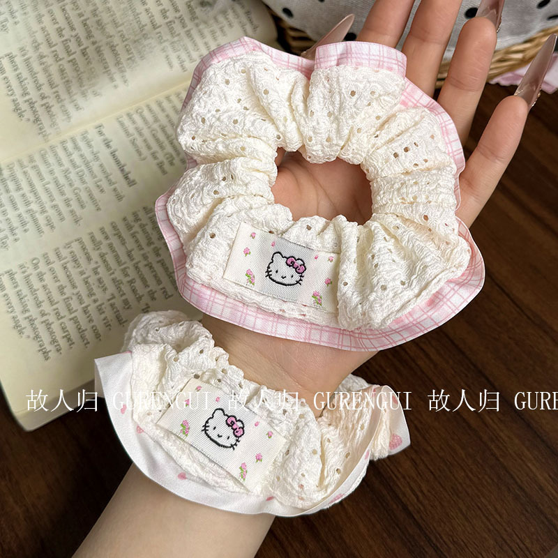 New Style Cat Plaid Scrunchie with Lace Mesh and Small Flower Bow, Simple and Sweet Girl's Ponytail Scrunchie New Style Cat Plaid Scrunchie with Lace Mesh and Small Flower Bow, Simple and Sweet Girl's Ponytail Scrunchie