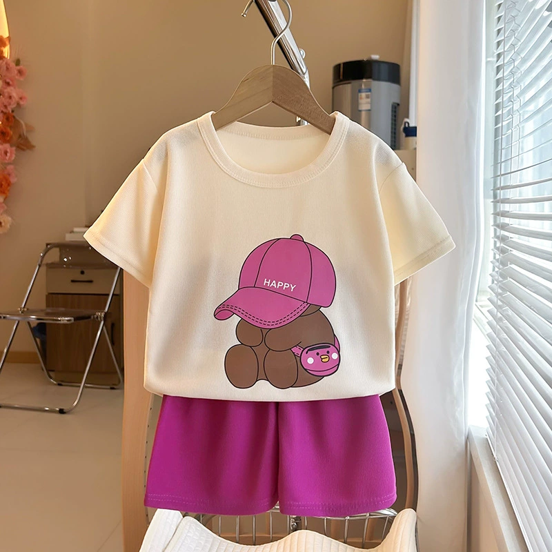 Children's Summer Two-Piece Set, Unisex Korean Style, Breathable T‑Shirt & Shorts with Baseball Hat, Sizes 80–120