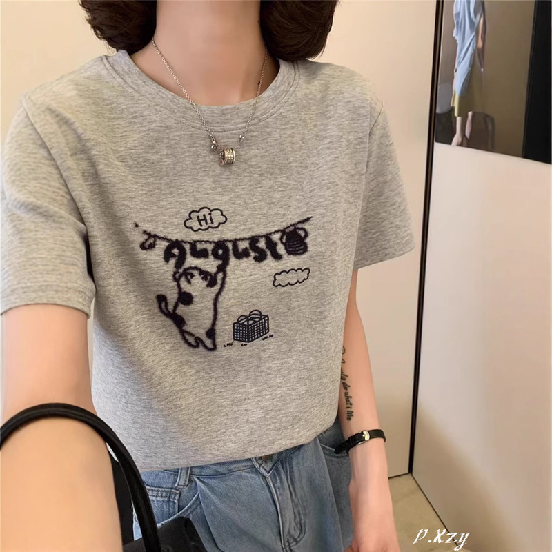 SA夏の新型ファッション韓国版女性用半袖丸首tシャツ植毛キャラクターアルファベット正肩ブラウス|undefined