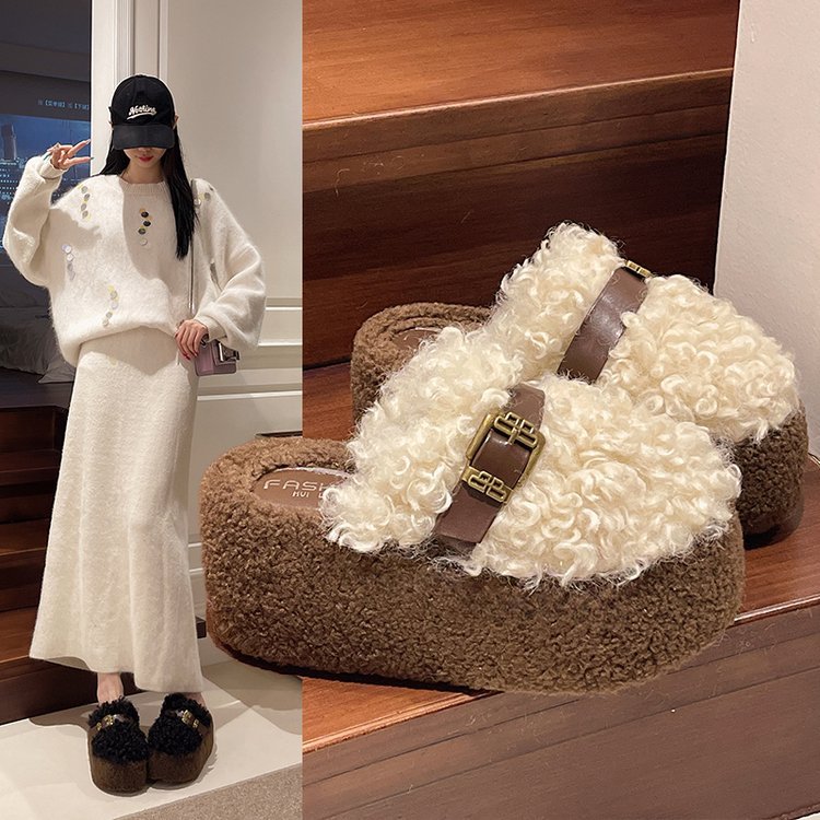 高跟毛毛拖鞋女外穿2025秋冬新款轻便松糕厚底皮带扣包头棉拖鞋女