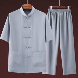 中老年人唐装男短袖衬衫套装爸爸夏季中式太极服汉服爷爷装薄