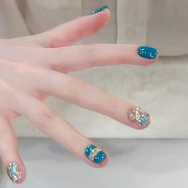 Cai She - [Blue Diamond] Purely Handmade Wearable Nails, Luxurious Diamond Style, High-Grade, Brightening, Wearable, Handmade Nails