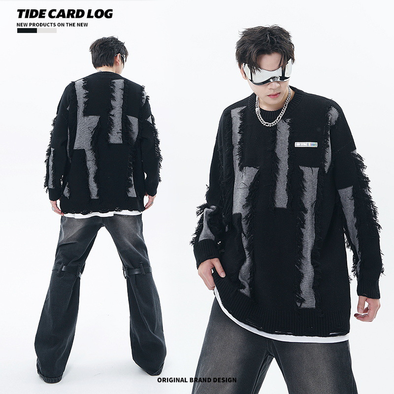 Ανδρικά Ρούχα με σκισμένες φούντες, μικρές ετικέτες, άνετη εφαρμογή, μοντέρνα πουλόβερ με χρωματική αντίθεση_voghion.com