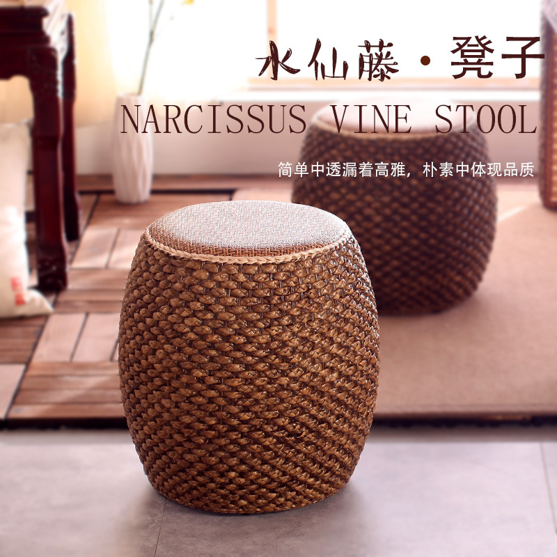 Taburete bajo de ratán taburete redondo taburete de paja sofá mesa de café taburete hogar sala de estar de madera maciza banco pequeño zapato cambio taburete muelle