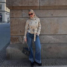 欧美风跨境外贸女装2025时尚立领双排扣斜纹布收腰短外套1264870