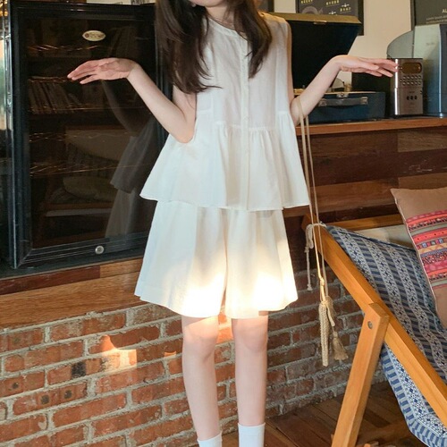 New K-Pop Style Sweet and Youthful Babydoll Dress Pants Set Women's Summer High-End Top and Bottom Two-Piece Set