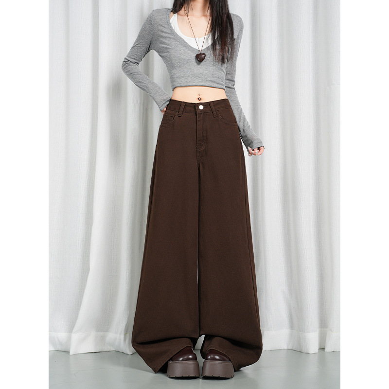 Coffee-colored, fall-style wide-leg straight jeans with back pocket button design, supports drop shipping Coffee-colored, fall-style wide-leg straight jeans with back pocket button design, supports drop shipping