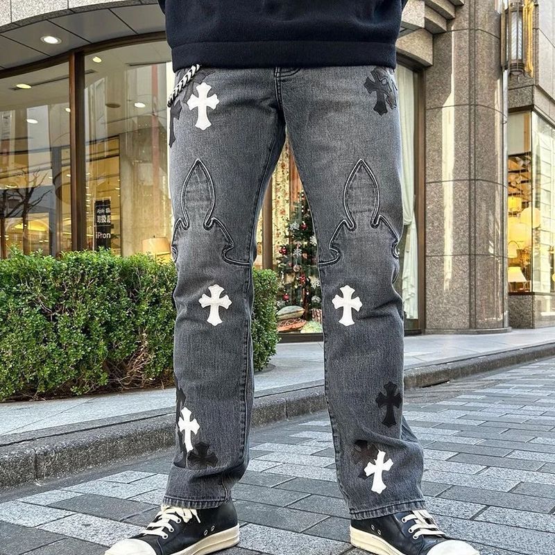 American High Street Washed Vintage Black and White Cross Classic Loose Spring and Autumn Unisex Denim Pants Ins Style