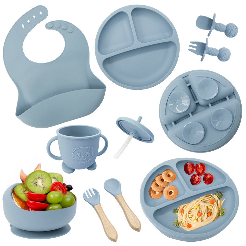 Conjunto de cubiertos de silicona para niños cubiertos de alimentación de grado alimenticio para bebés cubiertos de alimentación integral a prueba de caídas tazón taza de paja