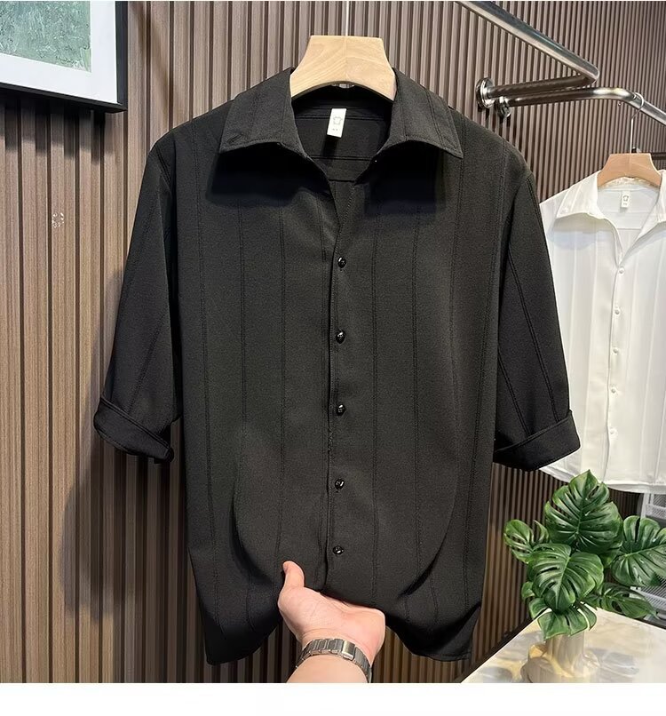 Camicia uomo a maniche corte a righe in misto seta casual_voghion.com