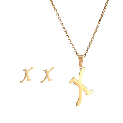 Stainless steel 26 English letter women's necklace earring set elegant summer colorfast accessories letter necklace