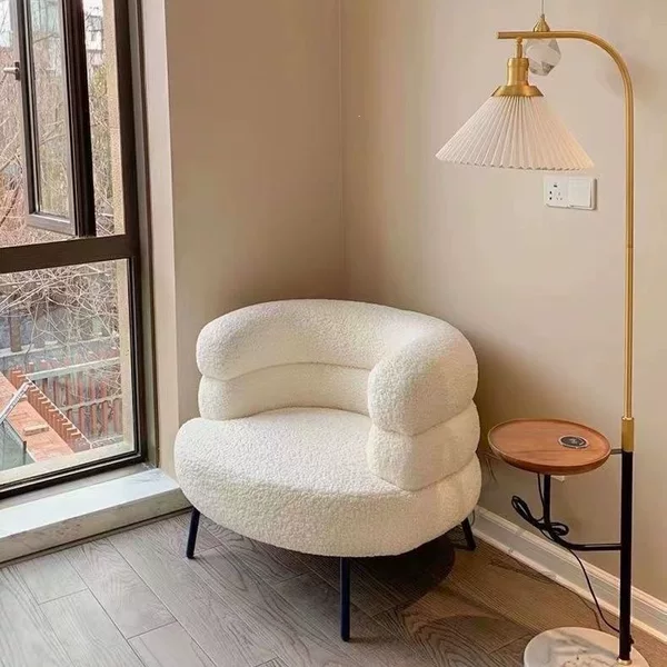 Makeup chair with a girlish aesthetic, lamb wool backrest chair for living room, bedroom, dressing room, single-seater sofa, makeup stool