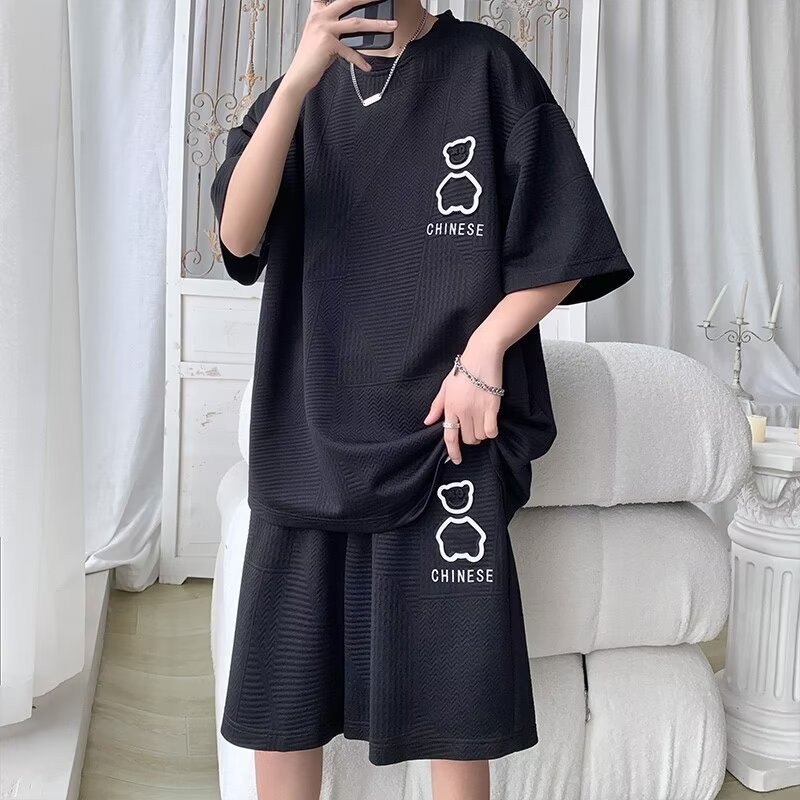 Camisa menos ropa Waffle traje de manga corta estilo de Hong Kong para hombres suelta talla grande tendencia de moda con estampado de oso mangas de cinco puntos