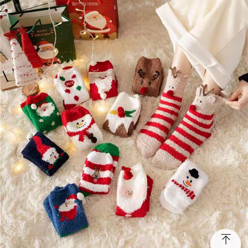 Ready Stock Slipper Socks Fluffy Christmas Socks Cartoon Animal Cartoon Coral Velvet Socks Home Floor Socks Christmas Socks for Women