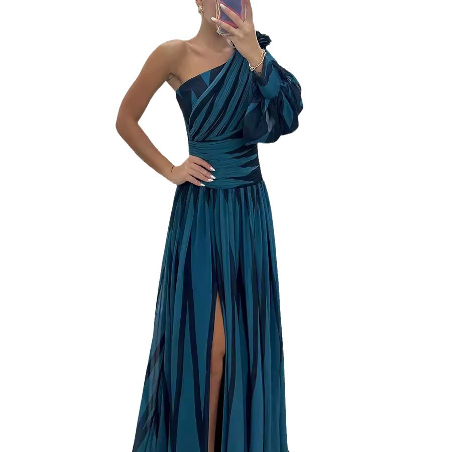 Abbigliamento donna 2024 primavera e autunno nuovo stampato obliquo spalla spacco abito casual largo festa vestito_voghion.com