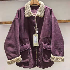 2025秋冬新品羊羔毛翻领加棉外套女宽松休闲纯色百搭保暖外套棉衣