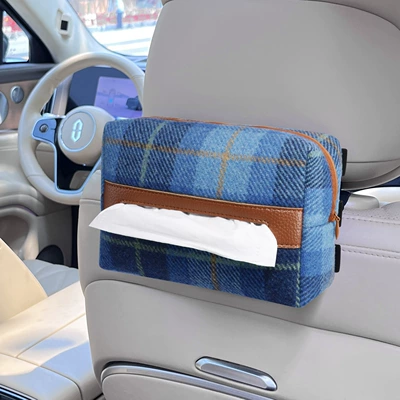 Car tissue box with grid pattern, hanging design, high-end paper towel dispenser for car seat back and armrest, stylish tissue storage box (Car tissue box/set) - british-plaid-mist-sea-blue