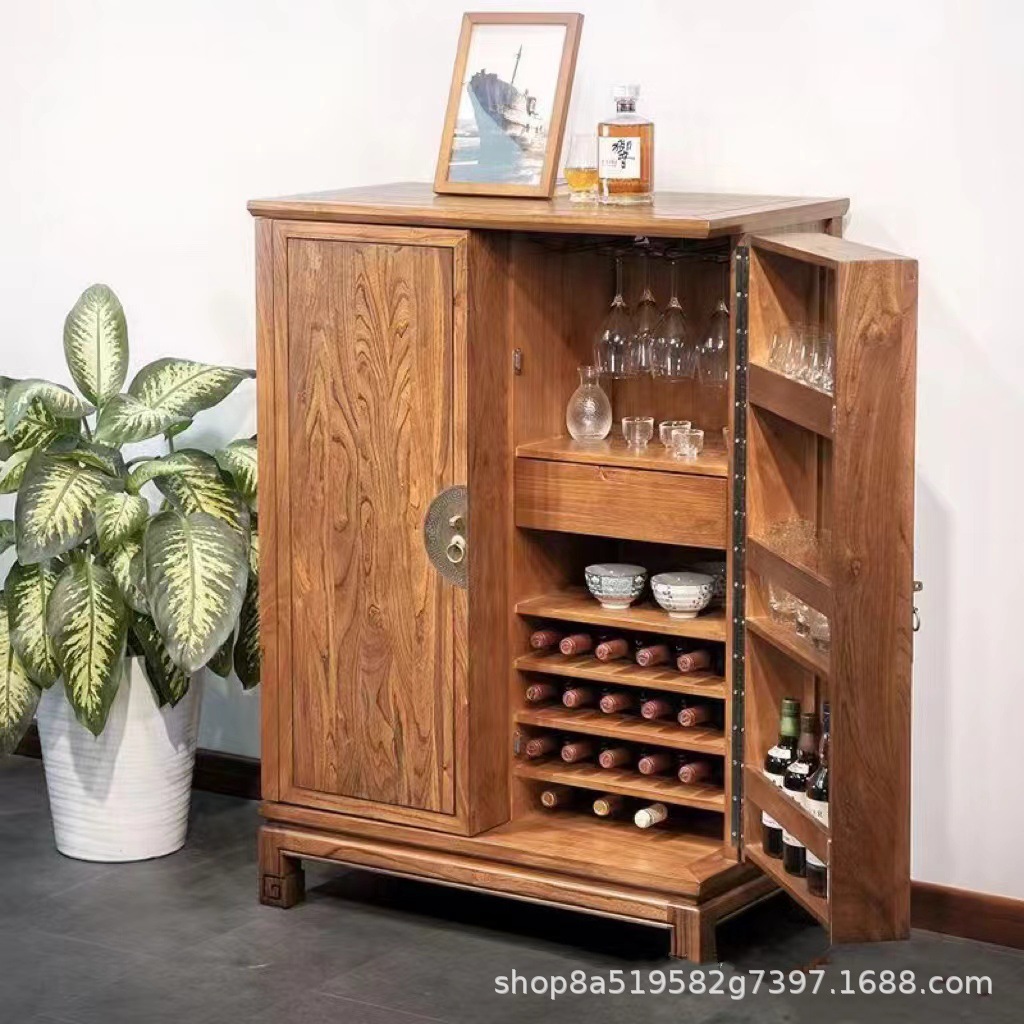 New Chinese Style Old Elm Tea Cabinet Solid Wood Floor-Standing Wine Cabinet Wine Glass Tea Set Storage Cabinet Entrance Sideboard