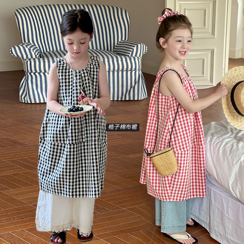 Elmo Beibei Girls Design Skirt Princess Dress Stereo Sense of Design Cocoon Retro Plaid Vest Dress Summer