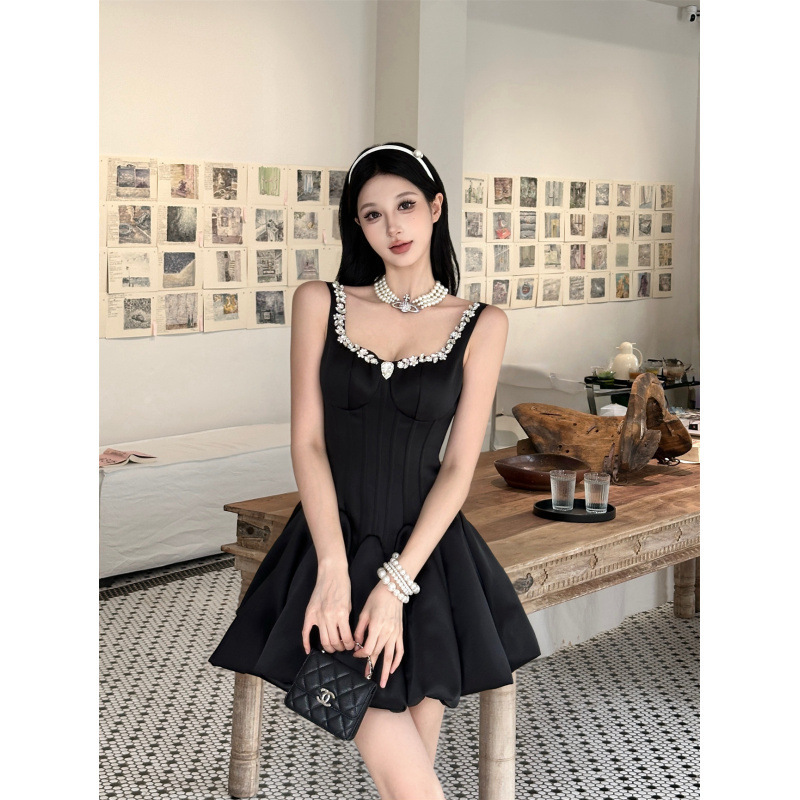 Real Shot of Ready-Made French Flash Diamond Black Dress Fishbone Tutu Skirt