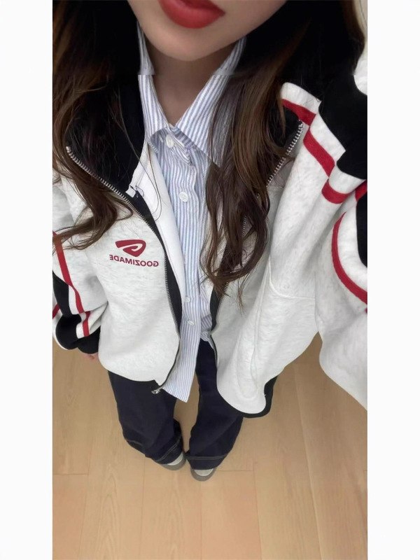 美式复古条纹拼接撞色立领外套女春秋2025新款夹克慵懒风开衫卫衣|undefined