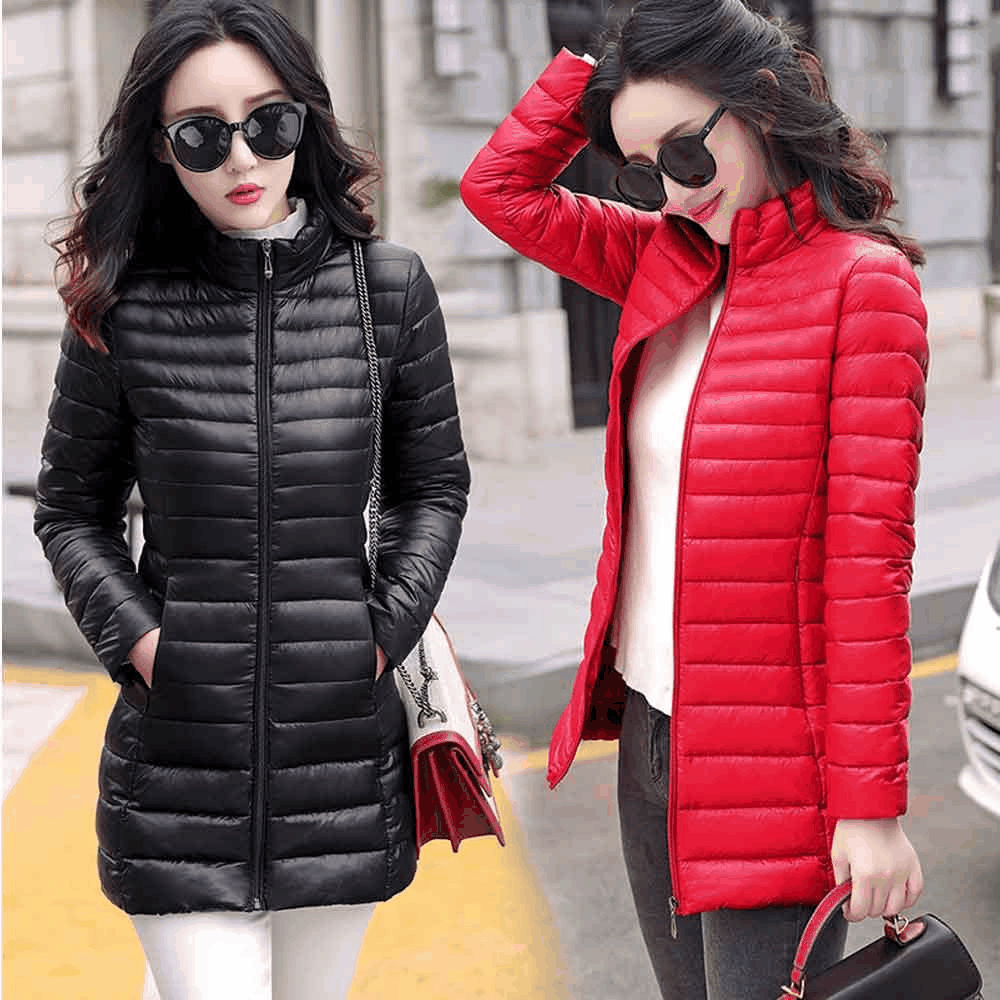 Женская легкая куртка с хлопковой подкладкой 2023 Зимняя Элегантная модная женская куртка с длинным рукавом средней длины и воротником-стойкой в Корейском стиле, приталенная куртка с хлопковой подкладкой