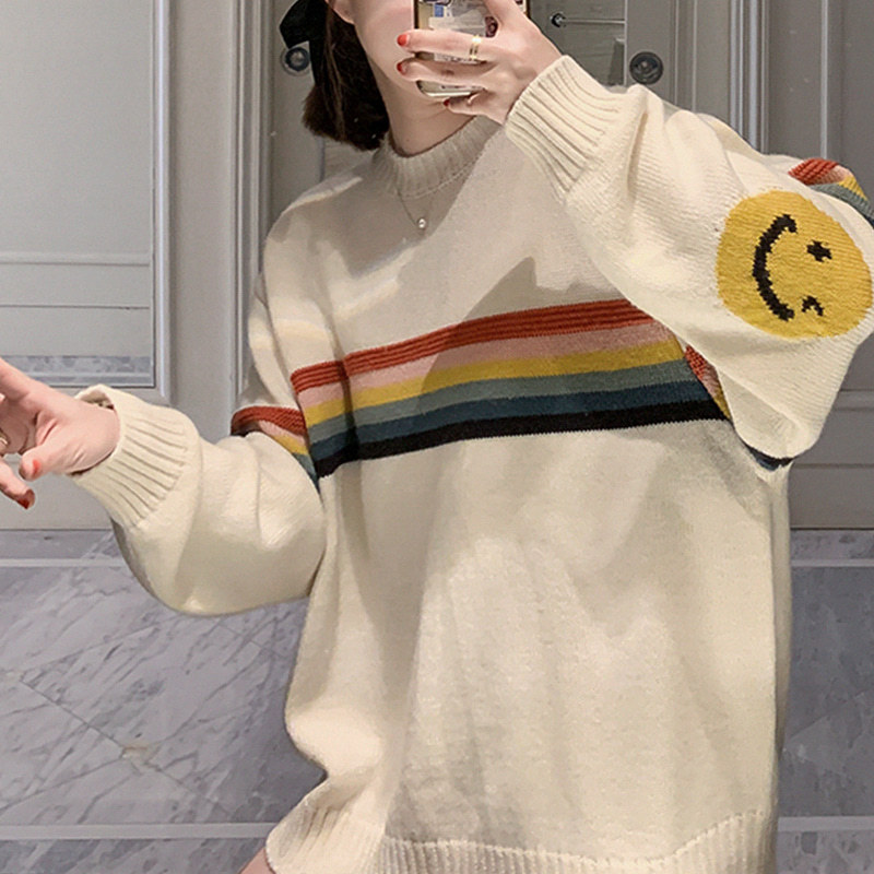 2023 Otoño e Invierno Nuevo Arco Iris rayas diseño estilo coreano ropa casual con cara sonriente cuello redondo suéter moda estilo Perezoso image 3