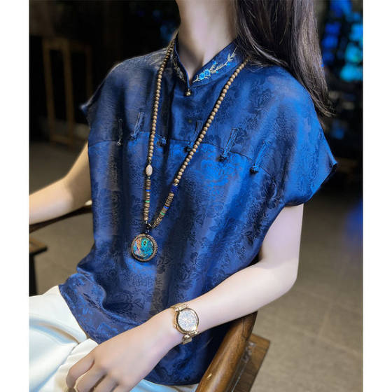 Silk-like Embroidered Top Women's Summer High-end Silk-like Modified Cheongsam Chinese-style National Style Buckle Printed Small Shirt