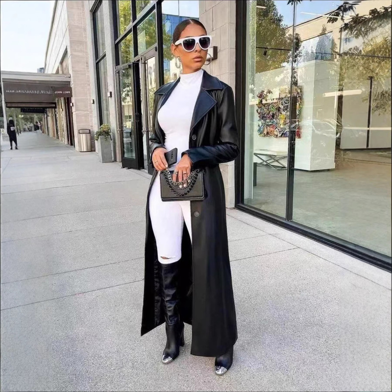 Cross-Border European and American Style Long Lapel Pu Leather Jacket for Women, New Autumn and Winter Fashion Slim-Fit Faux Leather Coat Cross-Border European and American Style Long Lapel Pu Leather Jacket for Women, New Autumn and Winter Fashion Slim-Fit Faux Leather Coat