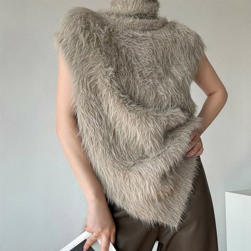 高领针织仿水貂绒衣女秋冬中长款宽松慵懒叠穿马甲背心无袖上衣潮|undefined