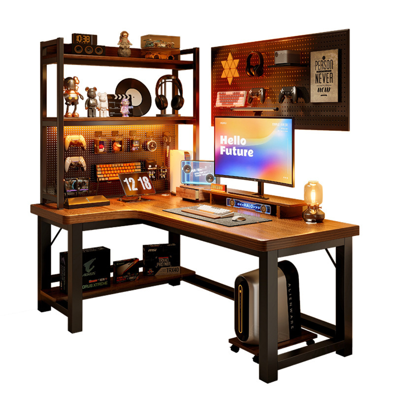 Escritorio de computadora de esquina de madera maciza, dormitorio de escritorio, escritorio para juegos domésticos, escritorio, estantería, escritorio de esquina integrado, tipo L