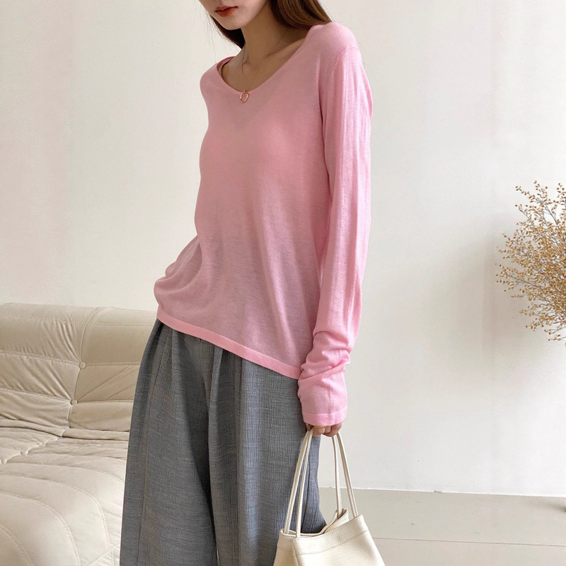 26 Spring/Summer Silk Wool Loose Casual Style Long Sleeve Solid Color Base Shirt V-Neck Knitted Top Loose Cover-Up Sweater
