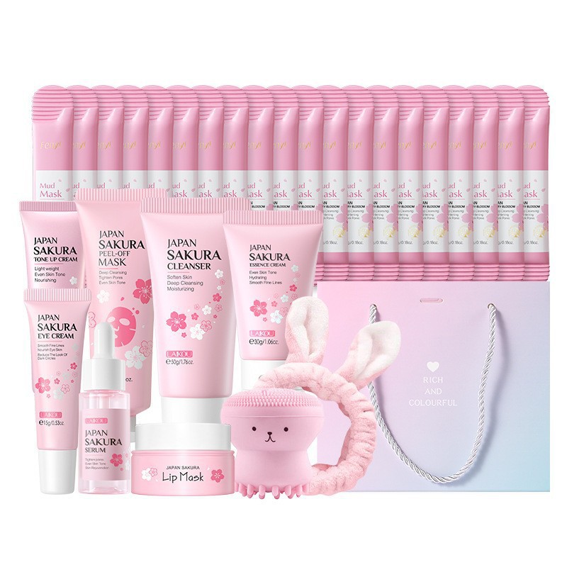 Transfronterizo LAIKOUFENYI serie de cerezo conjunto de cuidado facial hidratación humectante FDA fabricantes de stock image 21