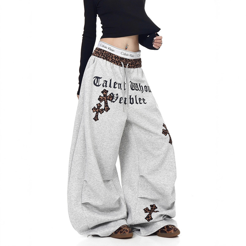 Retro Hip-Hop Leopard Print Patchwork Korean Style Lazy Style Pleated Wide-Leg Sweatpants for Women, Spring Versatile Jazz Dance Scimitar Pants Retro Hip-Hop Leopard Print Patchwork Korean Style Lazy Style Pleated Wide-Leg Sweatpants for Women, Spring Versatile Jazz Dance Scimitar Pants