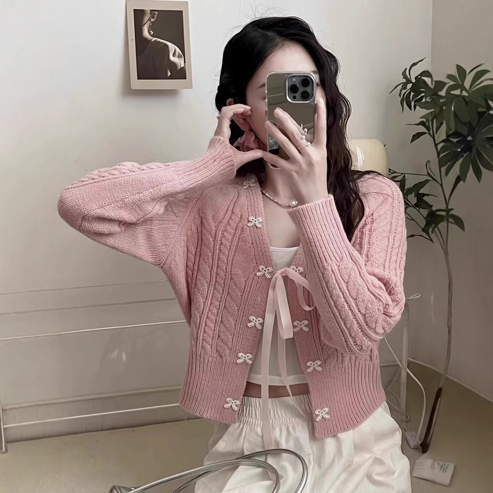 Korean Style Sweet Girl's Bow Knitted Cardigan Women's Autumn New Niche Design Sense Sweater Coat Top
