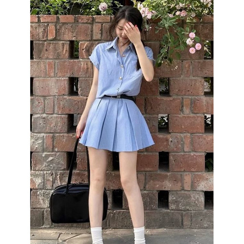 Korean college style blouse dress for women, summer, beautiful striped short-sleeved pleated skirt short dress