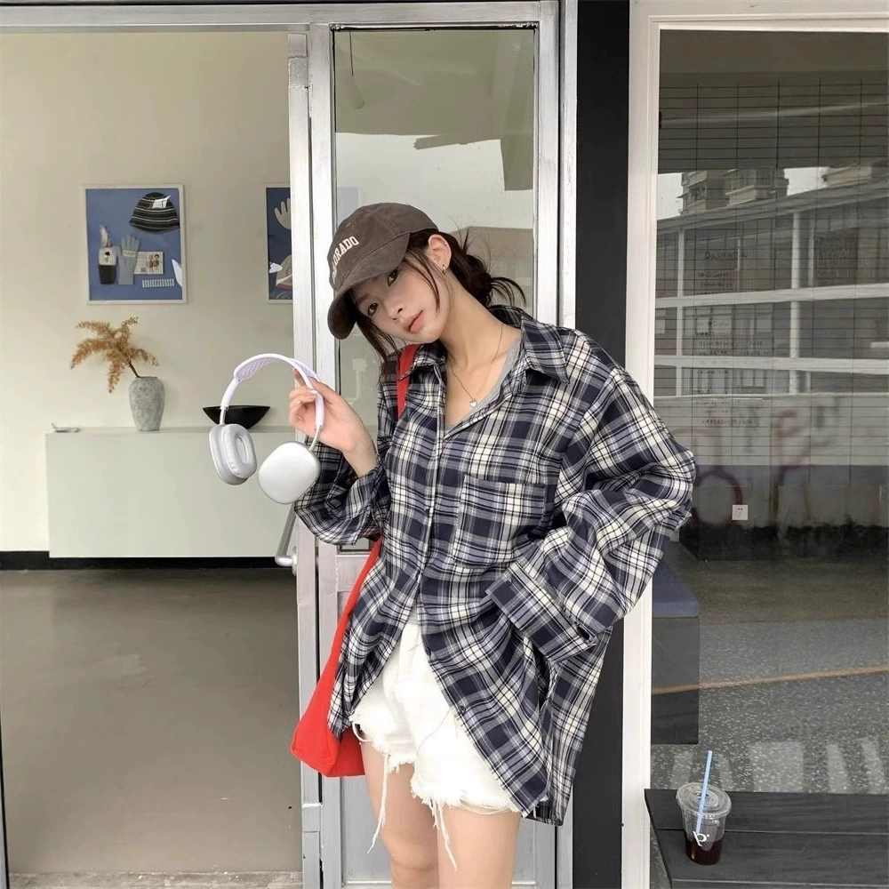 Корейская ретро клетчатая рубашка с длинными рукавами для женщин, весенне-осенний дизайн, нишевая свободная универсальная рубашка с лацканами, тренд