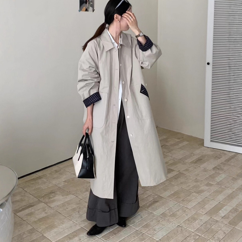 气质通勤翻领长袖长款外套女 2025秋季新款宽松大码风衣|undefined