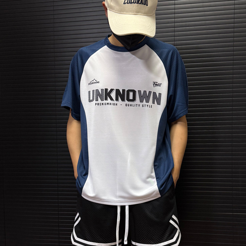 American Quick-Drying Splicing Men's Short-Sleeved Wide Sports Raglan Sleeve T-Shirt Outdoor Training Shooting Suit Breathable Fitness Top