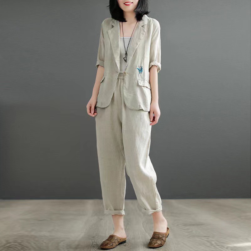 (2개) 봄과 가을 기질 캐주얼 면화와 리넨 나비 자수 세트 유행 카디건 패션 스포츠 세트 대외 무역 도매