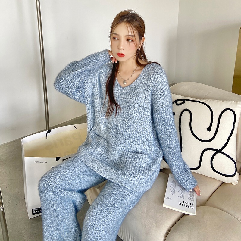 Imitation Mink Wool Knitted Solid Color Home Clothes Simple Sweet Ladies Style Pajamas Women's Autumn and Winter Thickened Warm Exterior Wear